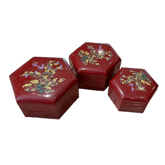 Vintage Floral Nesting Trinket Boxes Set of 3 Hexagon Hong Kong Lacquer Keepsake - Picture 2 of 5